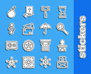 Sticker - Set line The arrest warrant, Stage stand or debate podium rostrum, Magnifying glass for search, Judge gavel, Envelope, Handcuffs, Bomb ready to explode and Umbrella icon. Vector