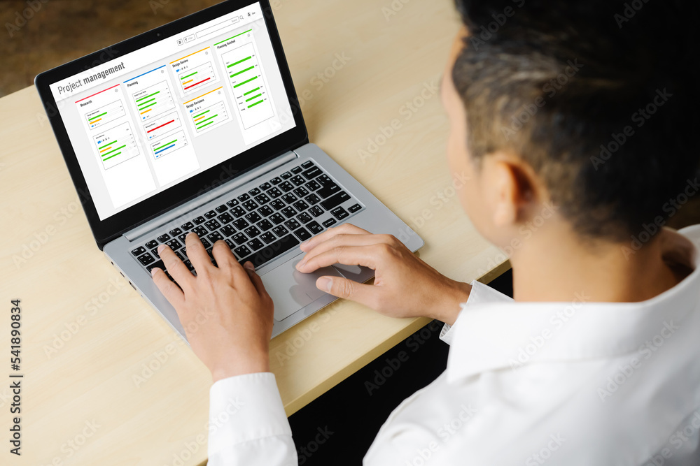 Project planning software for modish business project management on the computer screen showing timeline chart of the team project