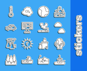 Sticker - Set line Wind turbine, Hands holding Earth globe, Cloud, Television report, Car, Meteorology thermometer and Cigarette icon. Vector