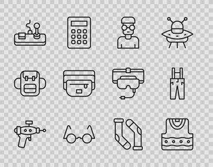 Canvas Print - Set line Ray gun, Waistcoat, Nerd geek, Eyeglasses, Gamepad, bag of banana, Socks and Pants with suspenders icon. Vector