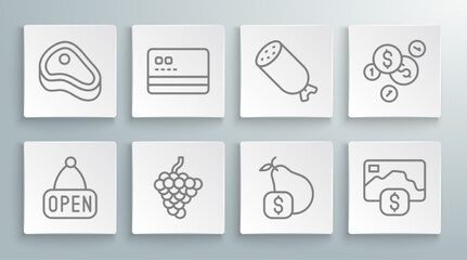 Sticker - Set line Hanging sign with Open, Credit card, Grape fruit, Price tag for pear, Salami sausage, Coin money dollar and Steak meat icon. Vector