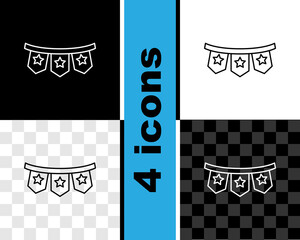 Wall Mural - Set line Carnival garland with flags icon isolated on black and white, transparent background. Party pennants for birthday celebration, festival decoration. Vector