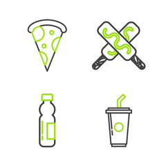 Sticker - Set line Paper glass with drinking straw and water, Bottle of, Ice cream and Slice pizza icon. Vector