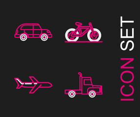 Canvas Print - Set line Delivery cargo truck vehicle, Plane, Bicycle and Hatchback icon. Vector