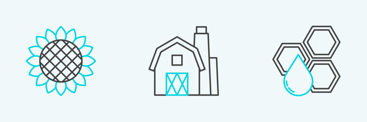 Set line Honeycomb, Sunflower and Farm House concept icon. Vector