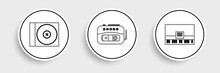 Set Line Piano, CD Or DVD Disk And Music Tape Player Icon. Vector