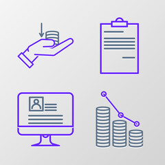 Sticker - Set line Pie chart infographic and coin, Computer monitor with resume, Document and Money hand icon. Vector