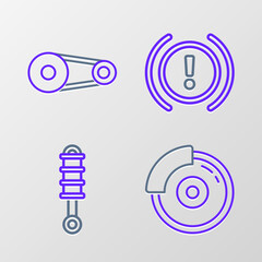 Sticker - Set line Car brake disk with caliper, Shock absorber, Brake system warning and Timing belt kit icon. Vector