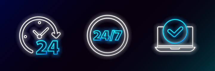 Wall Mural - Set line Laptop, Clock 24 hours and icon. Glowing neon. Vector