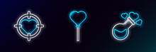 Set Line Bottle With Love Potion, Heart In The Center Of Darts Target Aim And Balloons Form Heart Icon. Glowing Neon. Vector