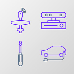 Sticker - Set line Electric car, Screwdriver, Motion sensor and UAV Drone icon. Vector