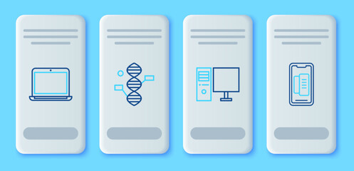 Sticker - Set line DNA symbol, Computer monitor, Laptop and Smartphone, mobile phone icon. Vector