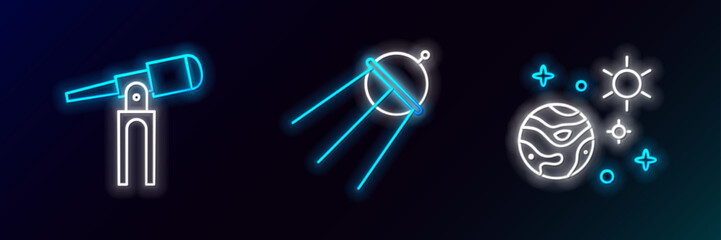 Poster - Set line Space and planet, Telescope and Satellite icon. Glowing neon. Vector