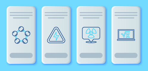 Poster - Set line High voltage, Radioactive in location, Molecule and Square root of x glyph icon. Vector