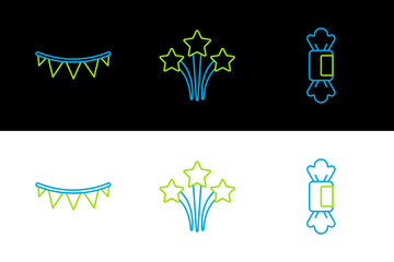 Poster - Set line Candy, Carnival garland with flags and Firework icon. Vector