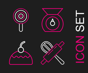 Sticker - Set line Kitchen whisk and rolling pin, Cake, Scales and Lollipop icon. Vector