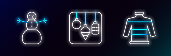 Set line Christmas sweater, snowman and lights icon. Glowing neon. Vector