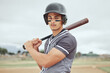 © Beaunitta V W/peopleimages.com - Man, baseball player and sports bat for game, match or training on the pitch in the outdoors. Professional male in baseball for competitive sport ready to play ball for fitness, exercise or workout