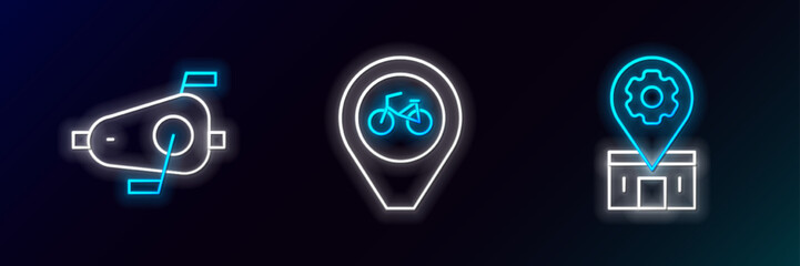 Wall Mural - Set line Bicycle repair service, pedals and Location with bicycle icon. Glowing neon. Vector