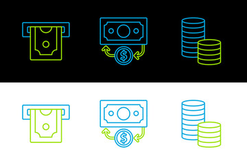 Sticker - Set line Coin money with dollar, ATM and and Stacks paper cash icon. Vector