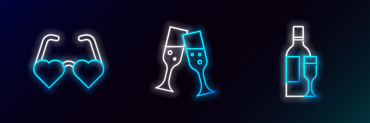 Sticker - Set line Champagne bottle, Heart shaped love glasses and Glass of champagne icon. Glowing neon. Vector