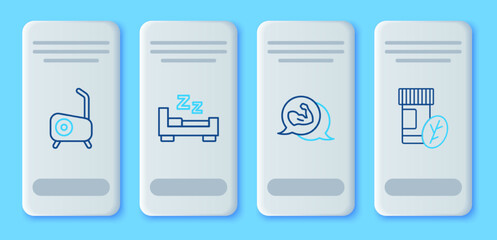 Sticker - Set line Time to sleep, Bodybuilder muscle, Stationary bicycle and Vitamin pill icon. Vector