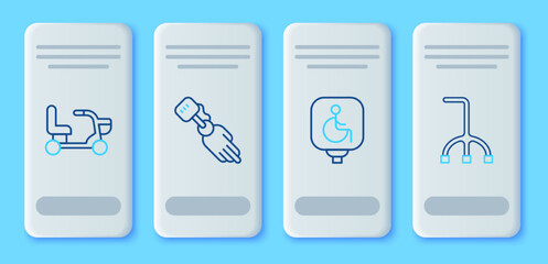 Sticker - Set line Prosthesis hand, Disabled wheelchair, Electric and Walking stick cane icon. Vector