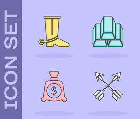 Poster - Set Crossed arrows, Cowboy boot, Money bag and Gold bars icon. Vector