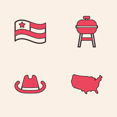 Wall Mural - Set USA map, American flag, Barbecue grill and Western cowboy hat icon. Vector