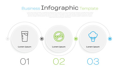 Wall Mural - Set line Glass with water, No Smoking and Broccoli. Business infographic template. Vector