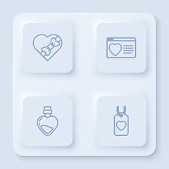 Poster - Set line Candy in heart shaped box, Dating app online, Bottle with love potion and Heart tag. White square button. Vector