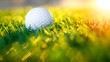 Golf ball close up on tee grass on blurred beautiful landscape of golf background. Concept international sport that rely on precision skills for health relaxation...