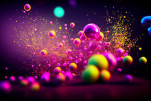 Falling Multi-colored Stars And Shiny Particles On A Black Background, Neon Light. Background Image.
