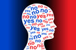 YES and NO, words colored red and blue, in a white silhouette of a head, over a gradient background. Symbol for the uncertainty of which side to choose, or to distinguish between lies and truth.