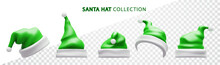 Green Santa Hat Collection Isolated. Christmas Holiday Realistic Accessory