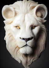3D Representation Of A Lion's Face. Character Design Carved In Marble And Porcelain. Symmetrical Composition And Cinematic Light.