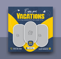 travel sale social media post template. web banner, tour travel holiday tourism marketing social med