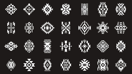 Aztec geometric tattoo. Ethnic abstract decorative ornaments, ancient indian american tribal motif design isolated black background. Vector set