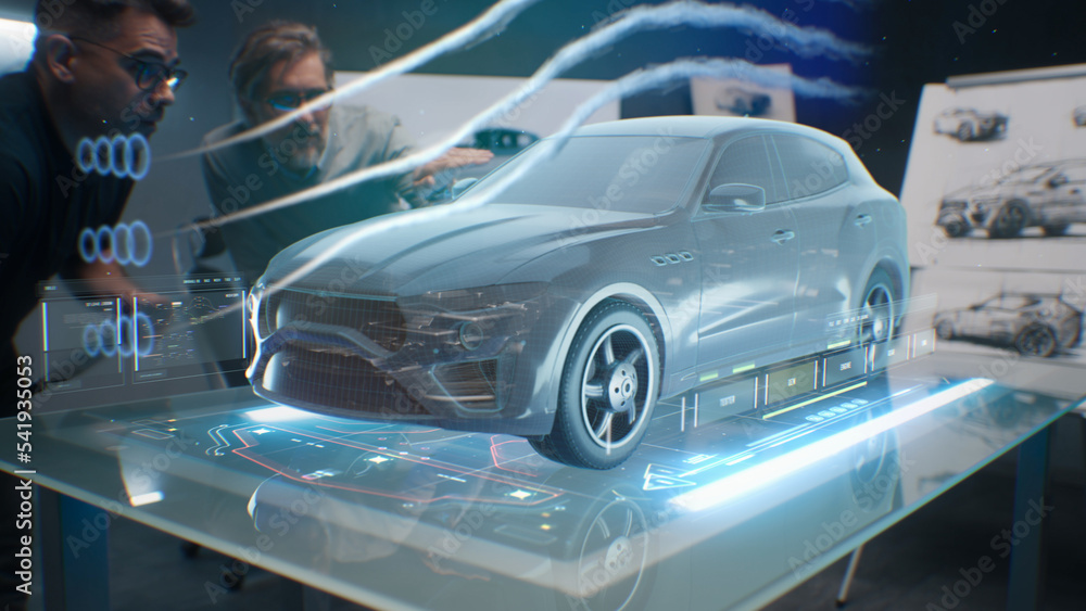 High Tech Automatic Design Car design engineers using holographic app in digital tablet. Develop ...
