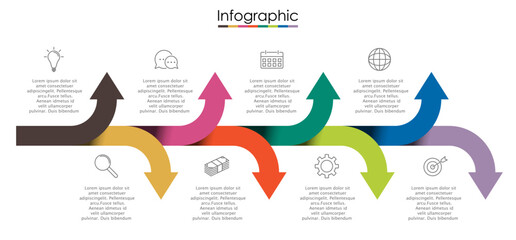 Vector infographic template with eight steps or options. Illustration presentation with line elements icons.  Business concept design can be used for web, brochure, diagram, chart or banner layout.