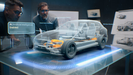 Development engineers are testing driverless autopilot system integrated into an electric car with AI artificial intelligence. They use innovative cutting edge 3D modeling technology of visualisation