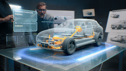 Development engineers are testing driverless autopilot system integrated into an electric car with AI artificial intelligence. They use innovative cutting edge 3D modeling technology of visualisation