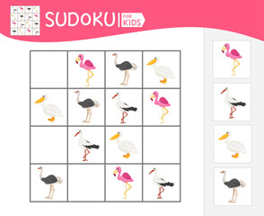 Wall Mural - Sudoku game for children with pictures. Kids activity sheet. Cute cartoon birds.