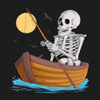 Hand drawn funny skeleton fishing in lake on his old wooden boat against the sun and flying birds