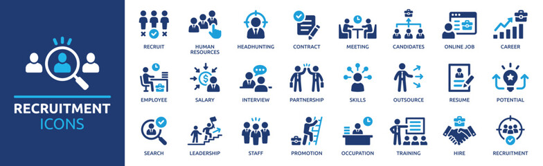 recruitment icon set. headhunting, career, resume, job hiring, candidate and human resource icons. s