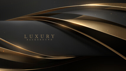 Black luxury background with golden ribbon elements and glitter light effect decoration and stars. Vector illustration.