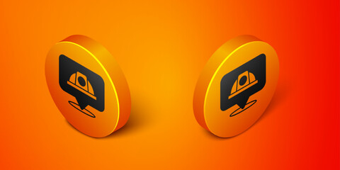 Poster - Isometric Worker safety helmet icon isolated on orange background. Orange circle button. Vector