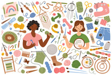 Women Doing Trendy Needlework Crafts, Large Set Of Knitting And Sewing Tools, Icons Of Yarn, Needles, Crochet Hook, Handicraft Accessories, Set Of Handmade Doodle Items, Isolated Colored Clipart On Wh
