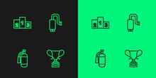 Set Line Award Cup, Fire Extinguisher, Over Sports Winner Podium And Car Muffler Icon. Vector