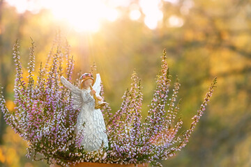 Poster - angel figure and heather flowers close up on sunny abstract blurred natural background. Beautiful seasonal garden scene. Religious church holiday. symbol of faith in God, christianity. autumn season